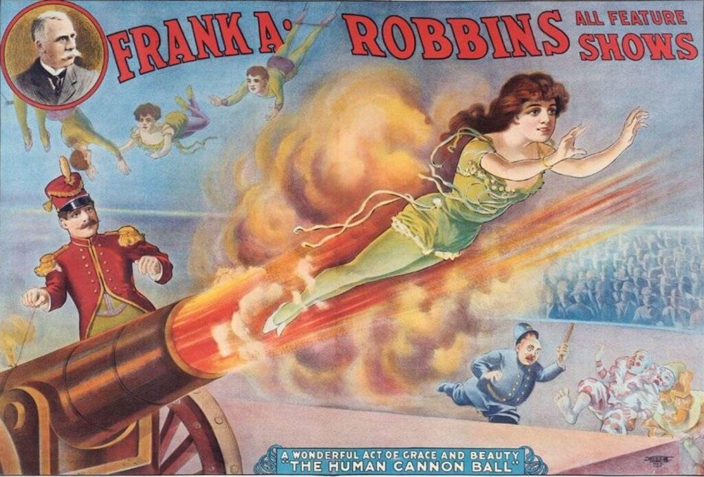 Historical-style illustration of a late-19th-century circus performer beside a cannon-shaped launching device.